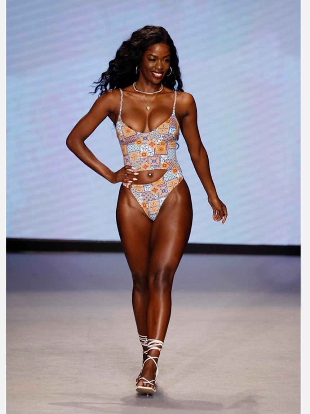 KITTENISH 🧡🩵💙 Women’s Grecian Orange Multi Tile-Print One-Piece Swimsuit NWT